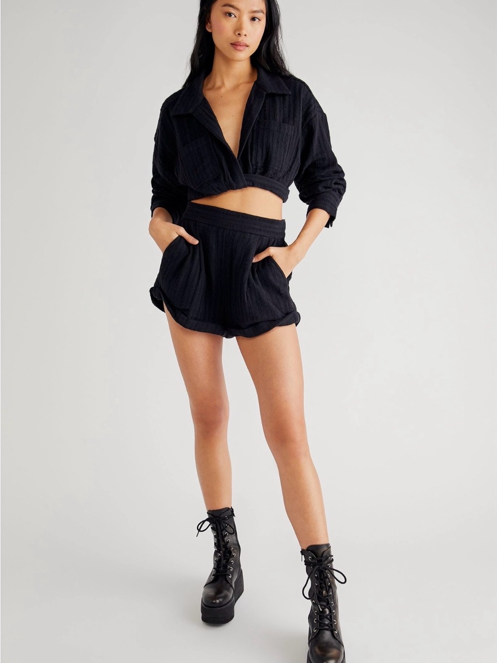 Free People Stay Cool Black High-Waist Shorts and Crop Top Set - Size M NWT